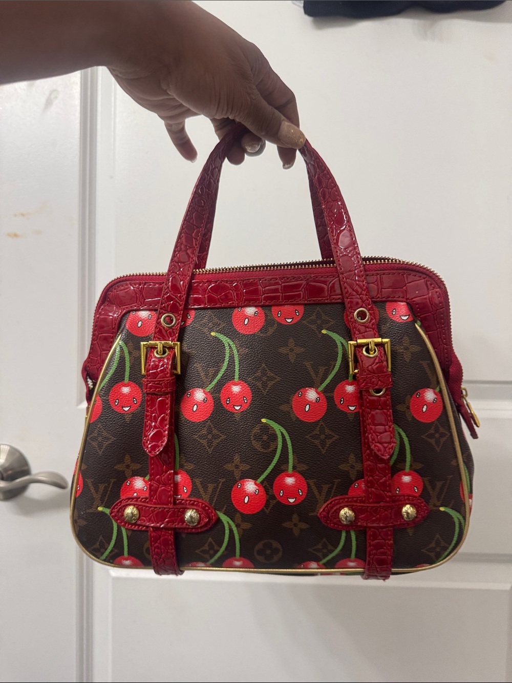 Louis Vuitton Brown Monogram Cherry Satchel with Red Trim